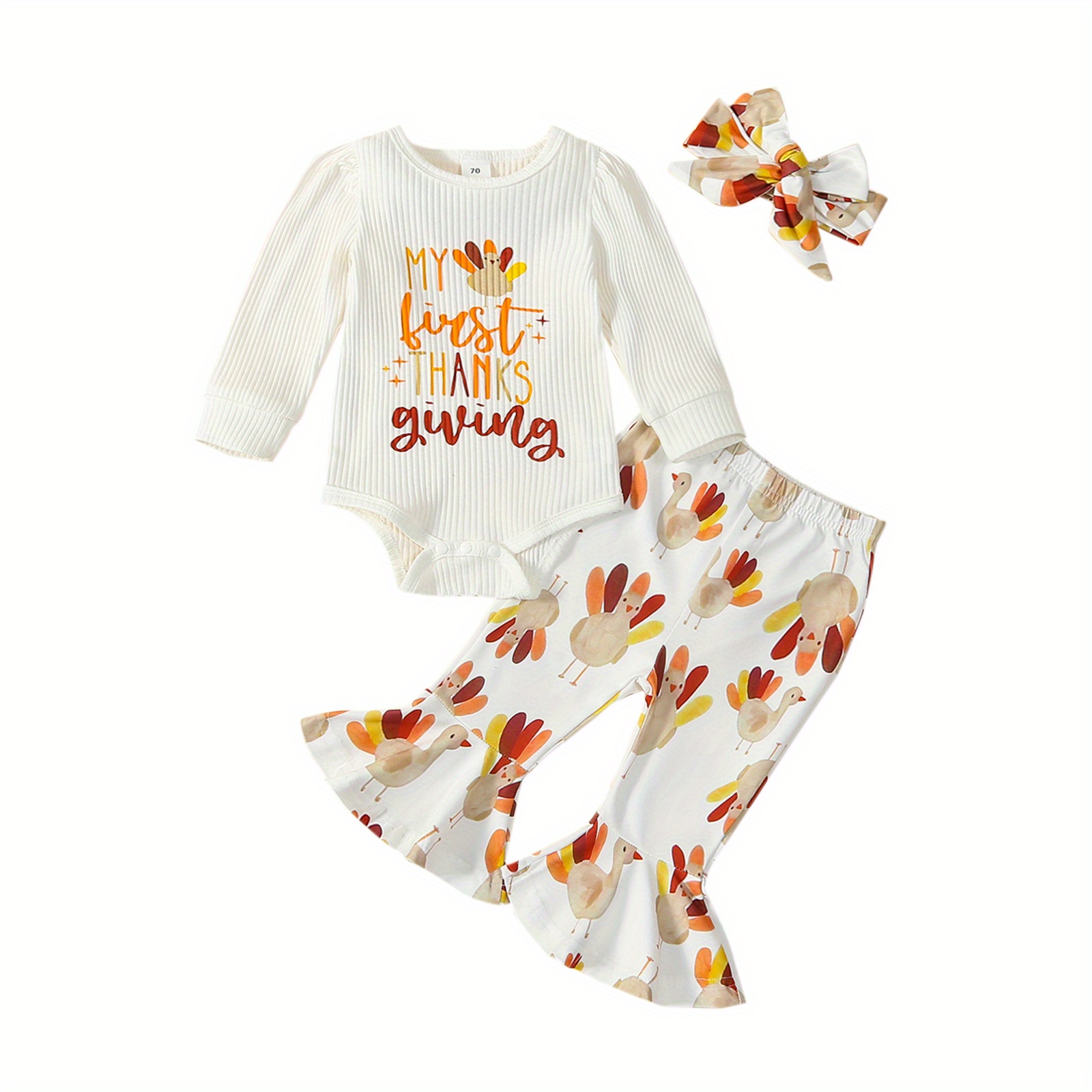 

Baby Girls Fashion Fall Outfit, Long Sleeve Round Neck Letters Print Romper With Turkey Print Flare Pants And Headband