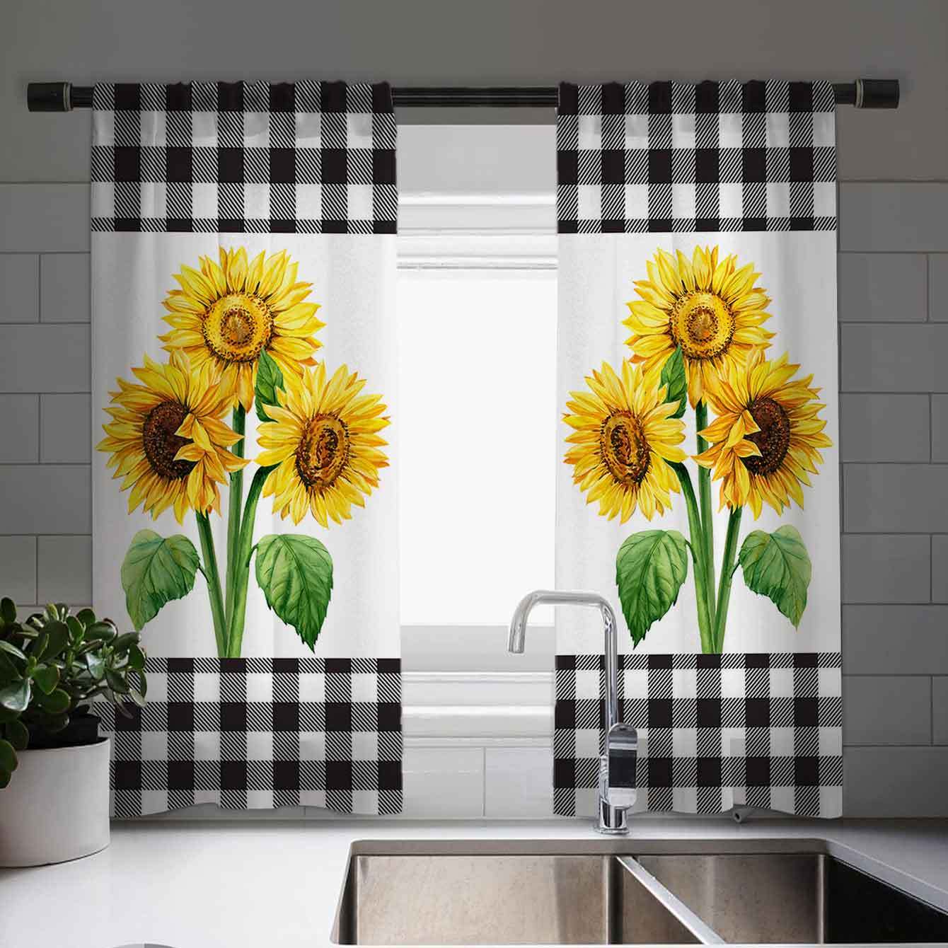 

Elegant Checkered Sunflower Print Curtains - Charming European Diner Design - Vintage Style Window Decor For Kitchen, Farmhouse, Living Room, And Bedroom