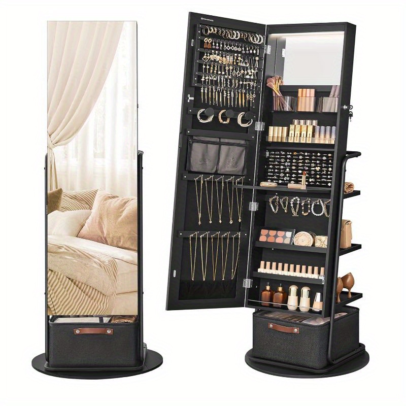 

360° Swivel Mirrored Jewelry Cabinet With Lights, Full-length Mirror With Jewelry Storage, Standing Jewelry Armoire Organizer, With Large Storage Basket, Mother's Day Gifts, Ink Black