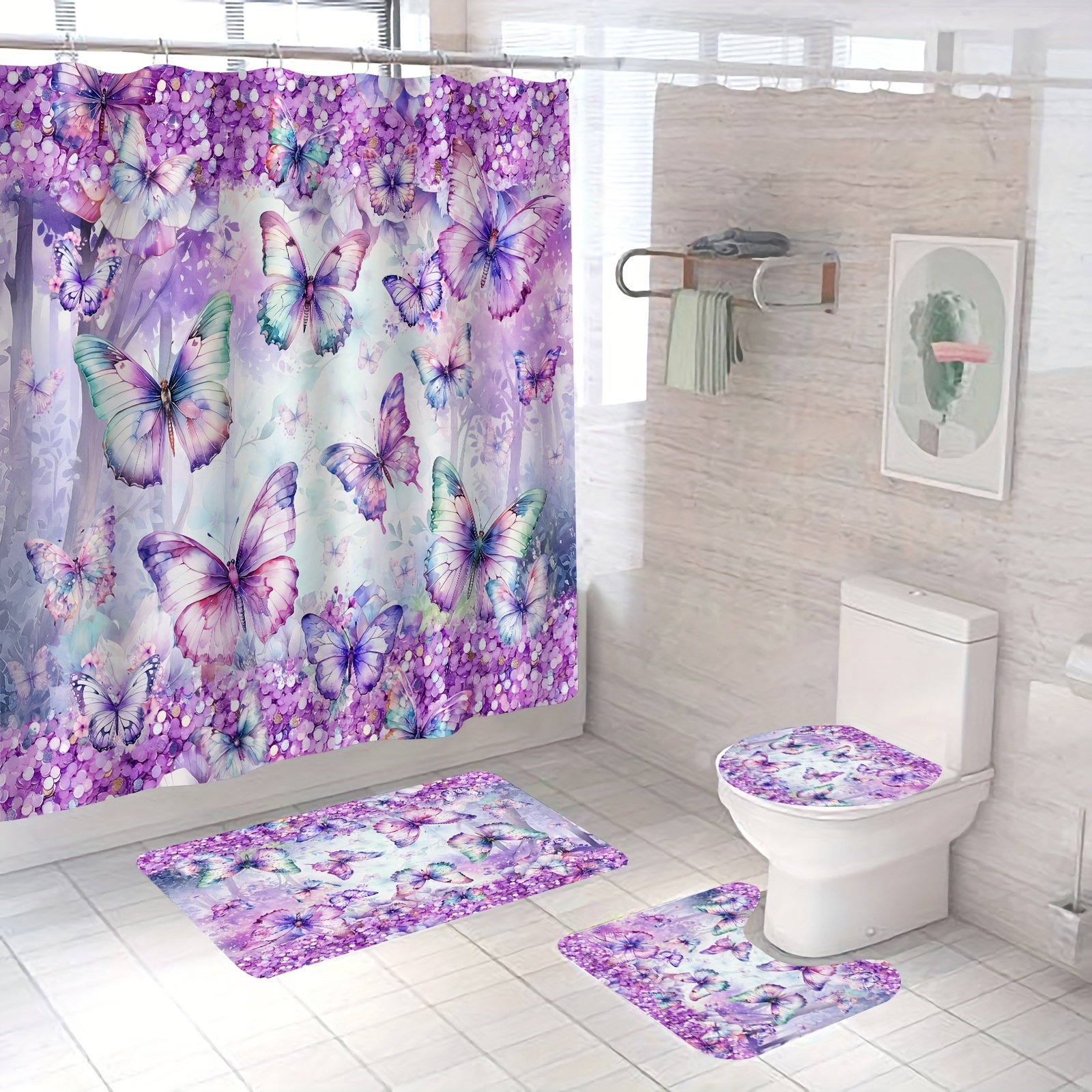 

1/4pcs Whimsical Butterfly Romance Shower Curtain Set - Waterproof, Non-slip, And Mildew-resistant With 12 Hooks, U-shape Toilet Mat, And Toilet Lid Cover Pad - Complete Bathroom Decor Solution