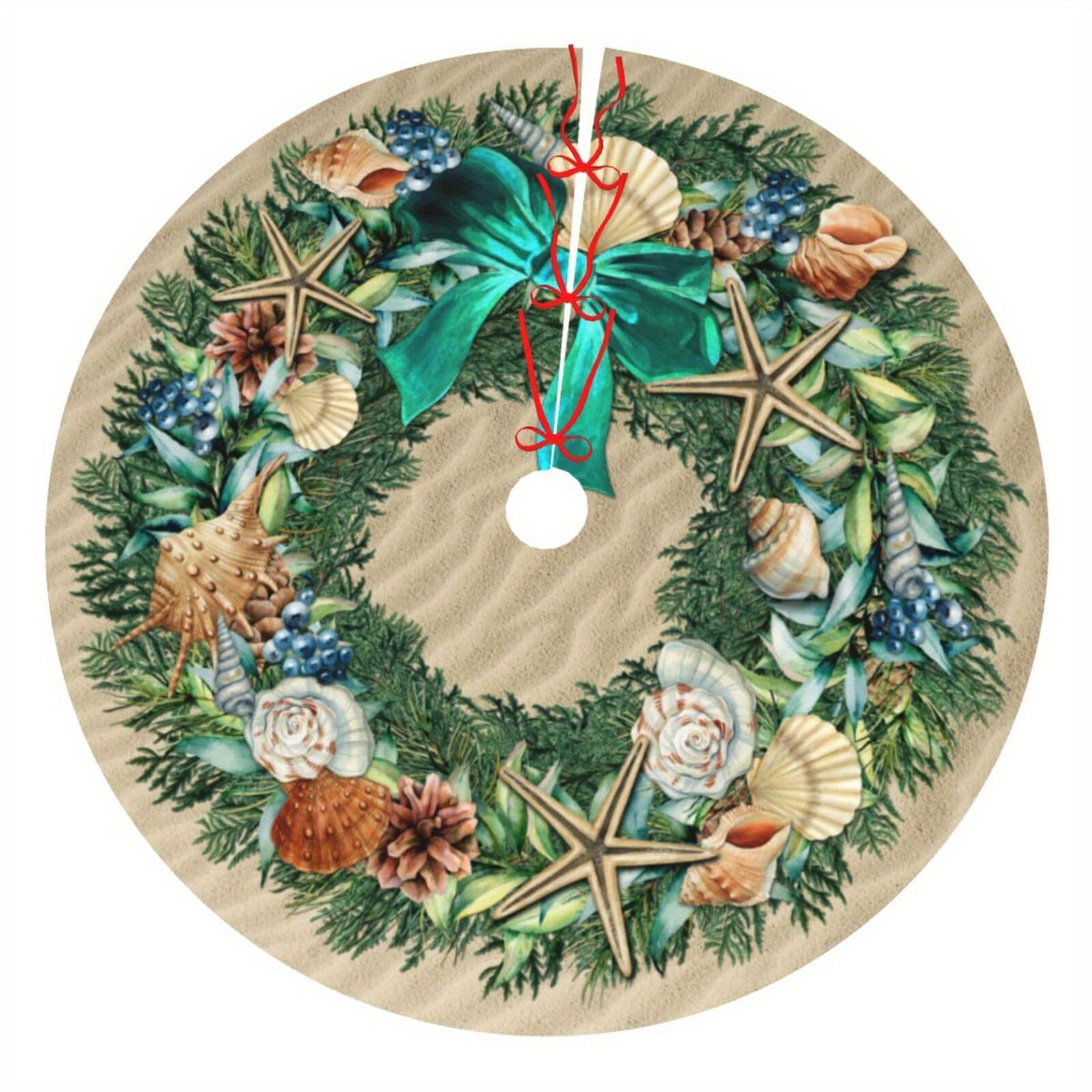 TEMU 1pc Coastal Christmas Tree Skirt With Seashell And Coral Designs, 48" Holiday Polyester Mat For Festive And Decorations, Ocean Beach Themed