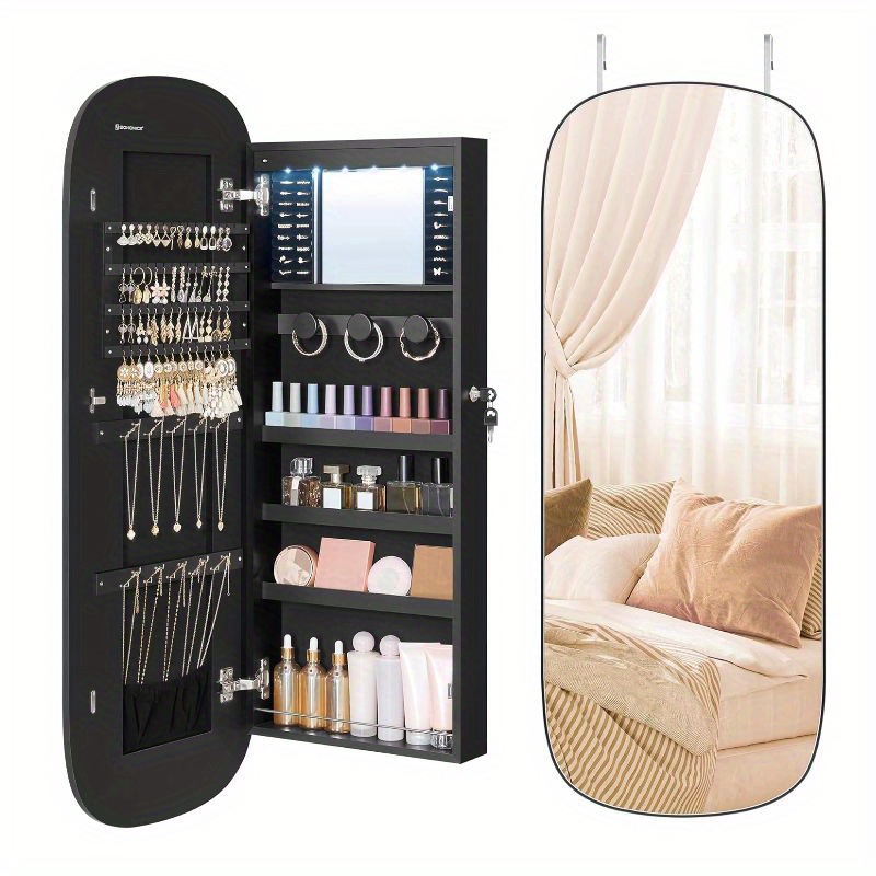 

Home, Led Jewelry Organizer Cabinet Wall Or Door Mounted, Lockable Rounded Wide Mirror With Storage, Interior Mirror