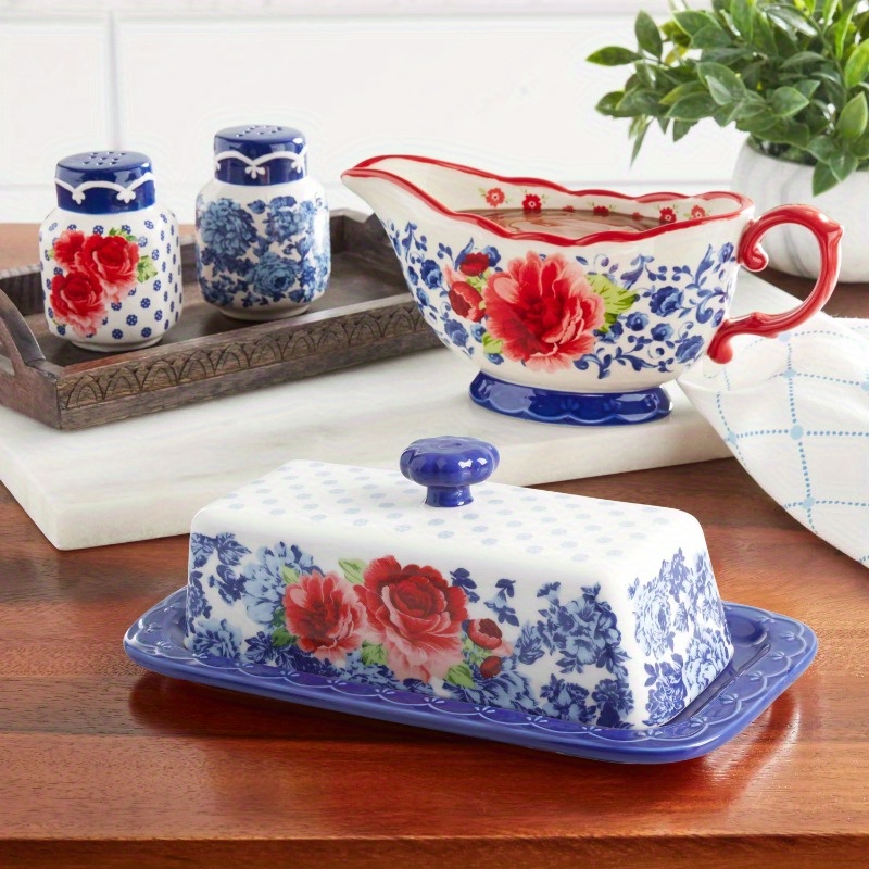 

Rose Butter Dish W/lid, Boat And Salt & Pepper Set, 5 Piece Set