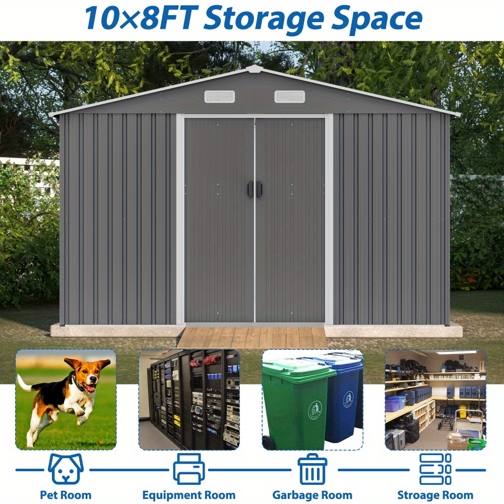 10x8 Ft Outdoor Storage Shed Metal Foundation Lockable Doors Tool Shed ...