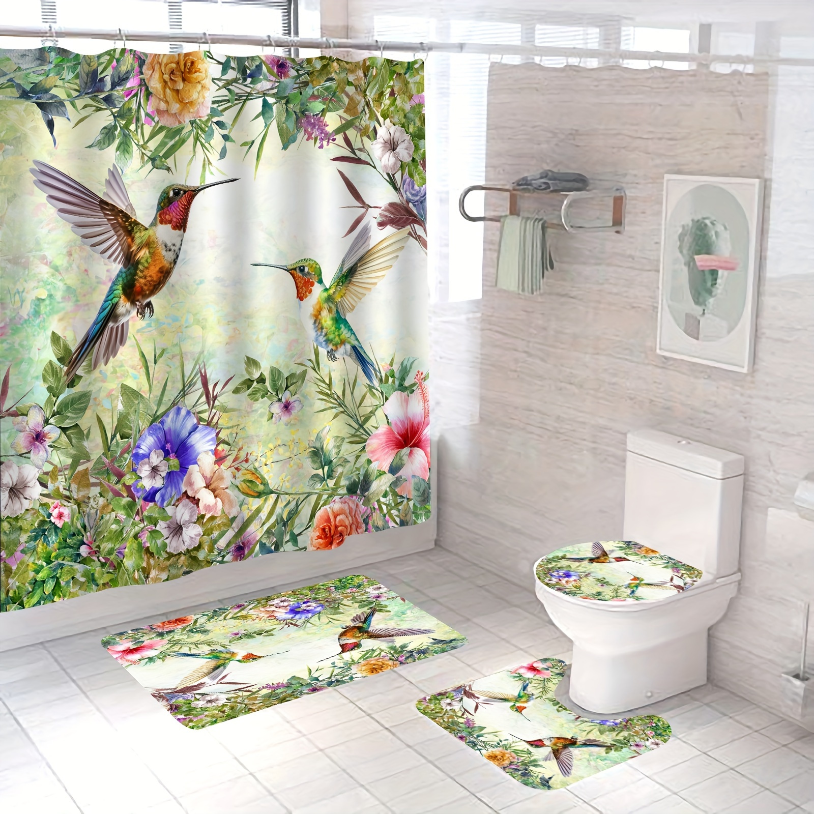 

1/4pcs Elegant Hummingbird & Floral Waterproof Shower Curtain Set With Non-slip Bath Mats And Toilet Lid Cover - & Stylish Bathroom Decor