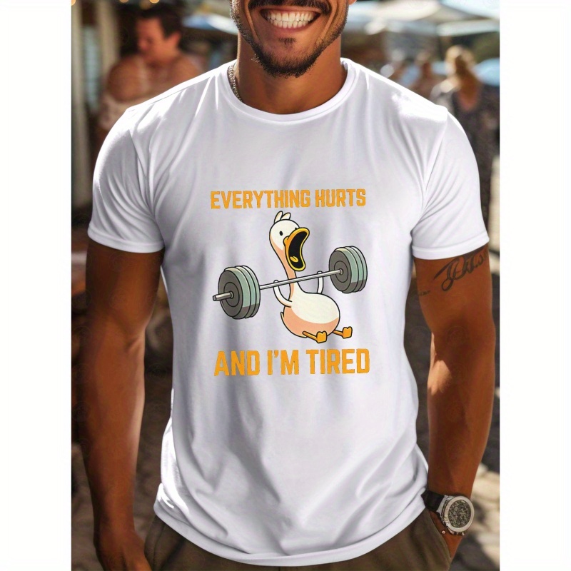 

Funny Weightlifting Duck Print Summer Men's Comfy T-shirt With Classic Short Sleeves, Versatile Top For Daily Wear & Vacation Resorts, Men's Lightweight Clothing