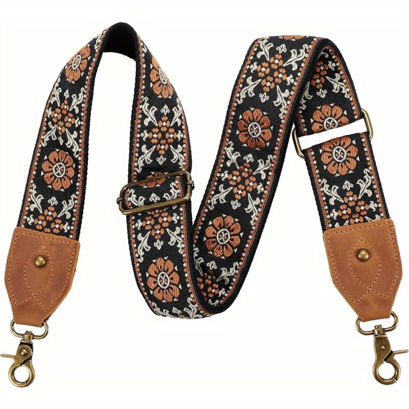1pc Retro Jacquard Embroidery Leather End Shoulder Strap, Adjustable For Handbag & Crossbody Bags, Polyester Material, Design, Diy Wallet Making