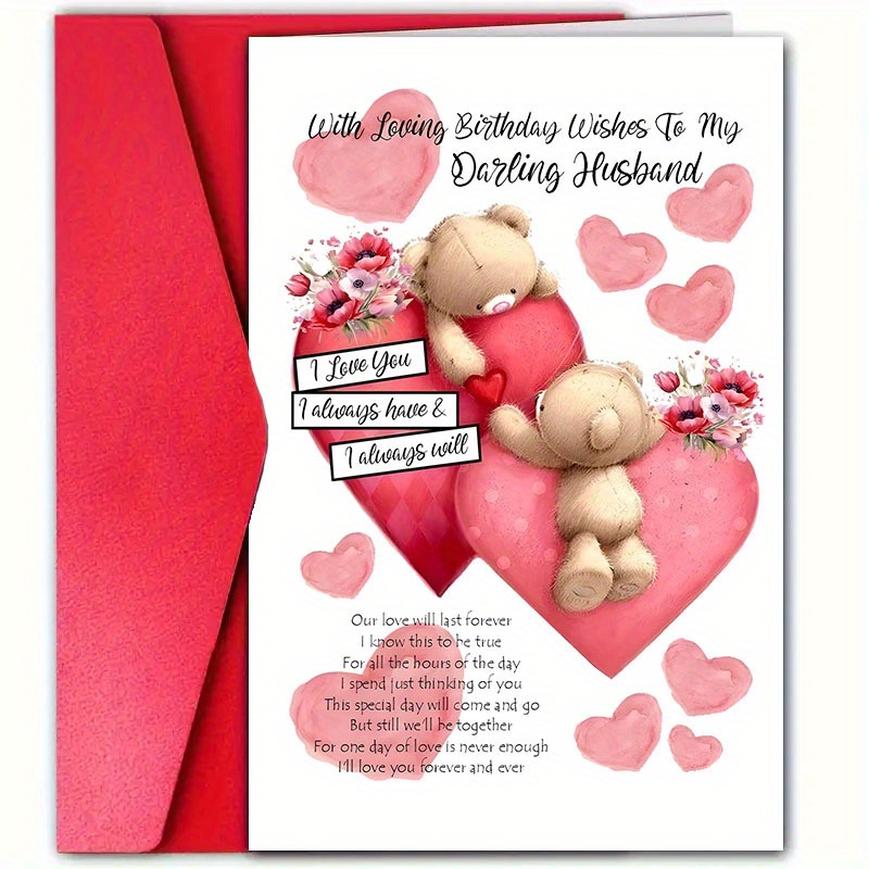 

1pc Romantic Husband Birthday Greeting Card With Envelope, 4.7x7.1 Inch, Loving Wishes Paper Card, Gift For Spouse With Adorable Teddy Design, Love & Forever Sentiments, Men's Birthday Celebration