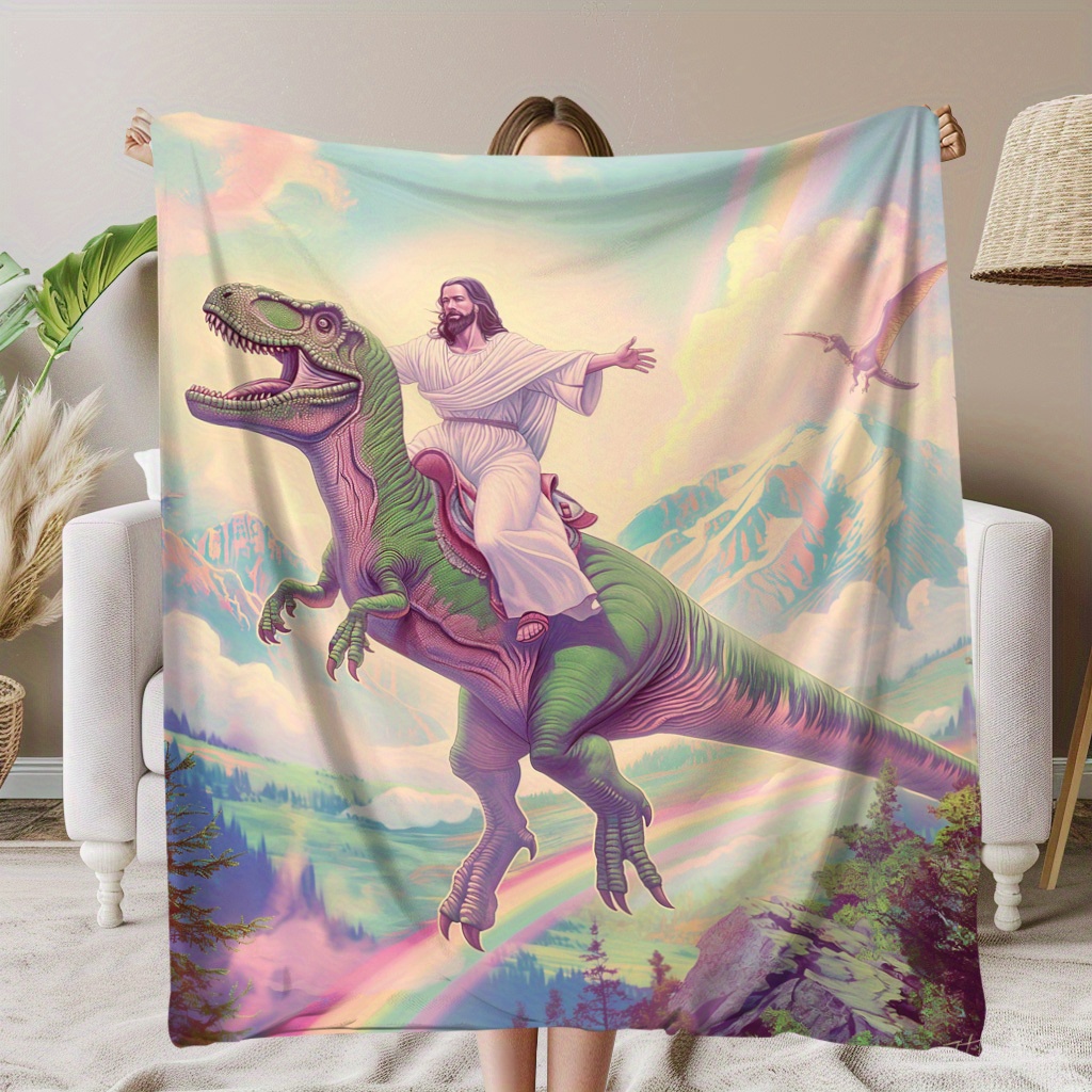 

1pc Rainbow And Dinosaur Printed Blanket, Soft And Warm Commemorative Blanket For Moments, Great Holiday Gifts For , Friends, Family And Lovers For , Camping, Travel, Cars, Office Home Decor