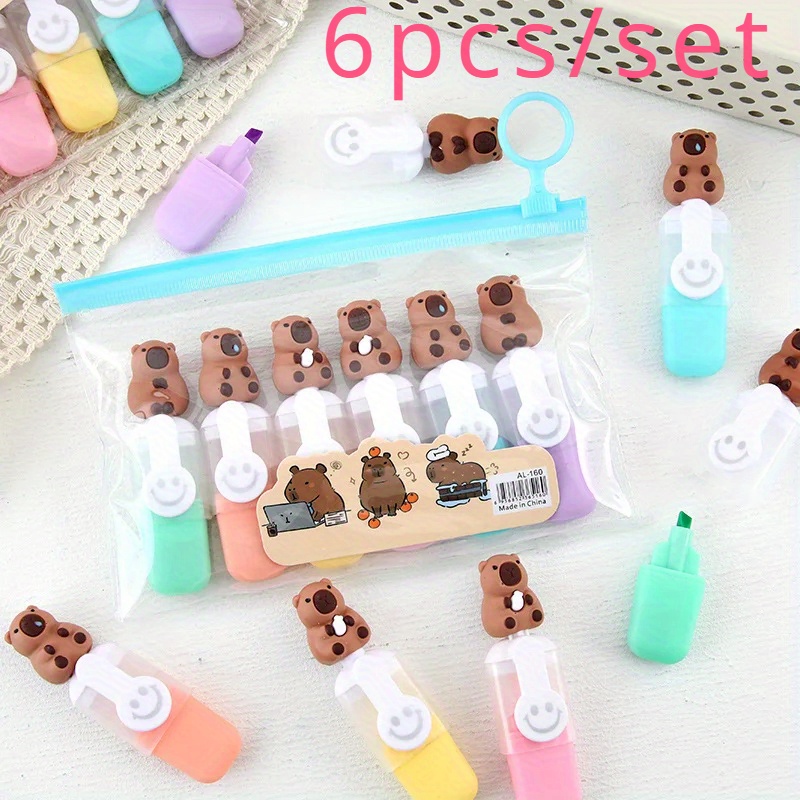 

6pcs Capybara-themed Highlighter Pen Set - Fine Writing Markers, Plain Ruling, No Feather, Suitable For Ages 14+, Various Colors, Ideal For School Supplies, Coloring, Graffiti, Kawaii Stationery