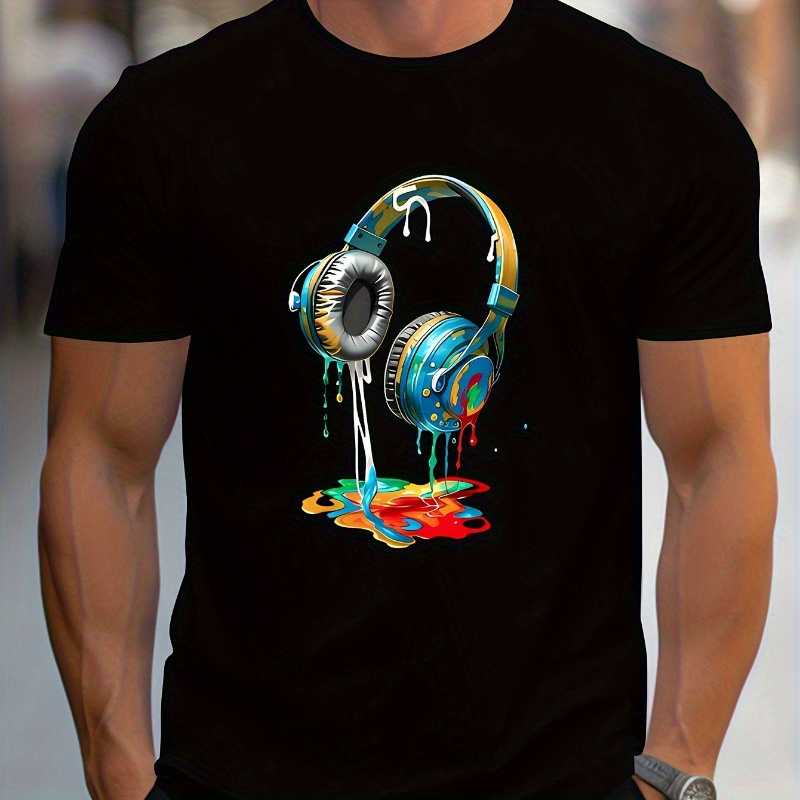 

1pc Earphone Printed T-shirt Men's Casual Style Summer And Fall Slightly Elastic Round Neck T-shirt