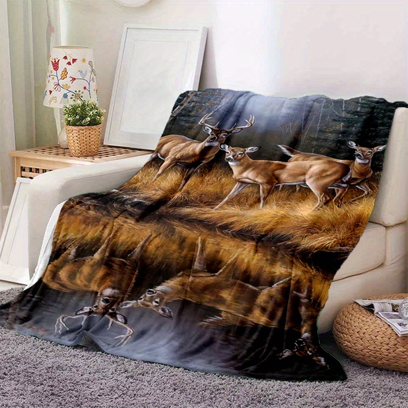 

Ultra-soft Polyester Deer Scene Blanket - Versatile, Large Luxurious Throw For Sofa, Office, Living Room, And Camping - Adds Comfort And Warmth, Ideal For Multi-purpose Use