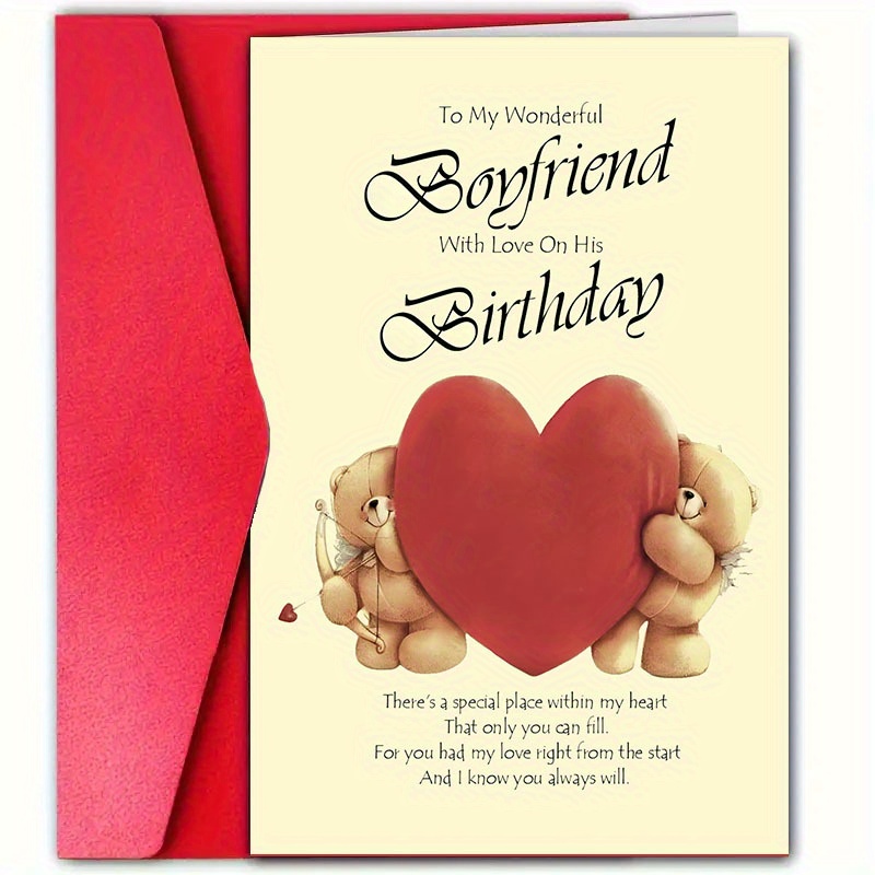 

1pc Birthday Greeting Card For Boyfriend With Envelope, 4.7x7.1 Inches - Paper Card For Men, Love & Birthday Wishes, Cute Teddy & Heart Design, Perfect For Husband, Partner Or Spouse