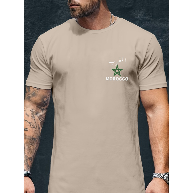 

T-shirt imprimé du Maroc pour hommes, col rond décontracté, manches courtes, tissu tricoté 100% polyester, haut d'été pour - Coupe H, longueur régulière