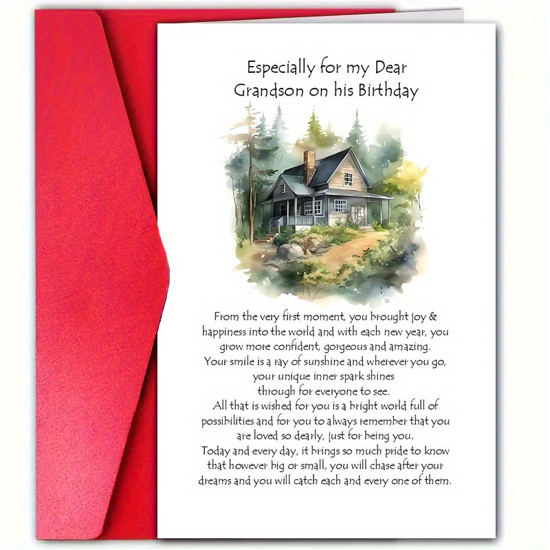 

1pc Birthday Greeting Card For Grandson With Envelope, Premium Paper Material, Sentimental Keepsake For Men's Birthday Occasion - Heartwarming Message With House And Nature Illustration