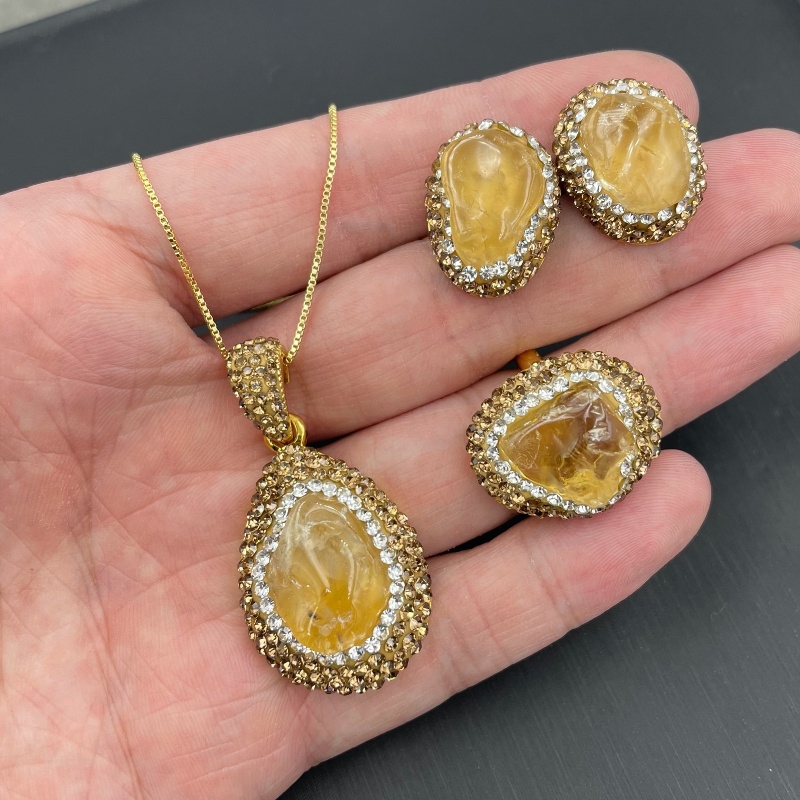 

Yellow Crystal -piece Jewelry Set Natural Yellow Crystal Antique Necklace Set Design Yellow Crystal Gift Set