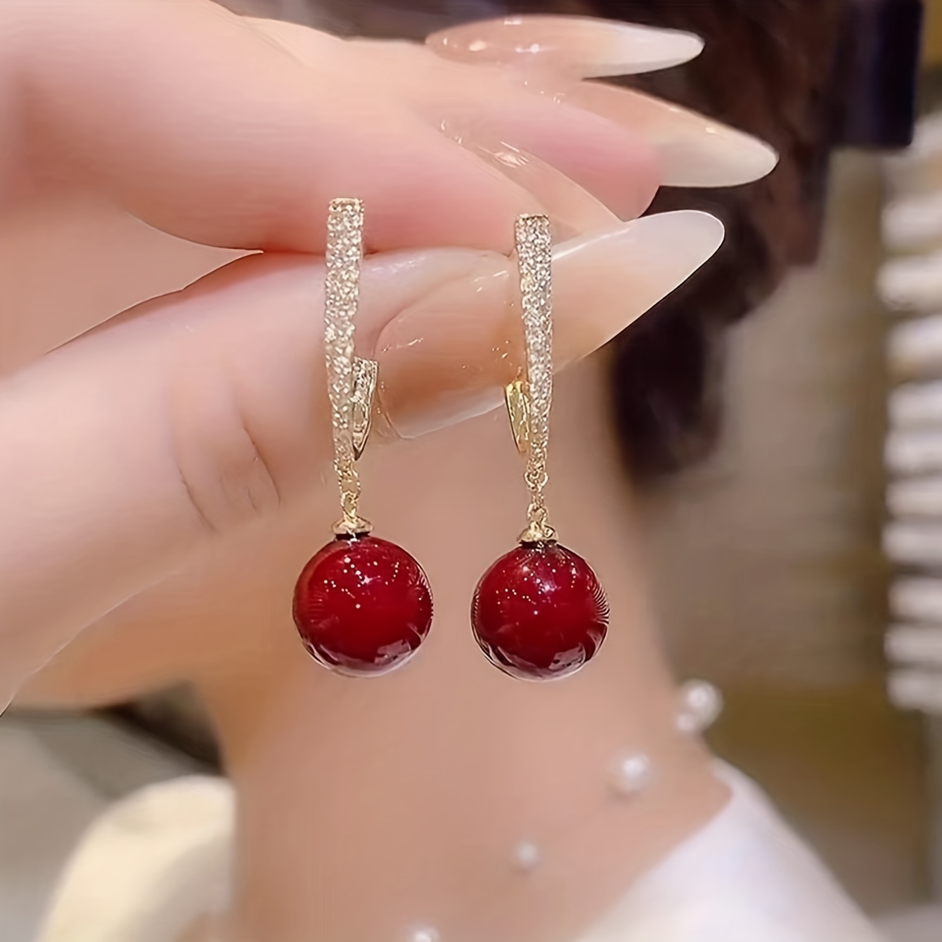 

1pair Elegant Red Faux Pearl Earrings - The Perfect Accessory For Banquets And Parties