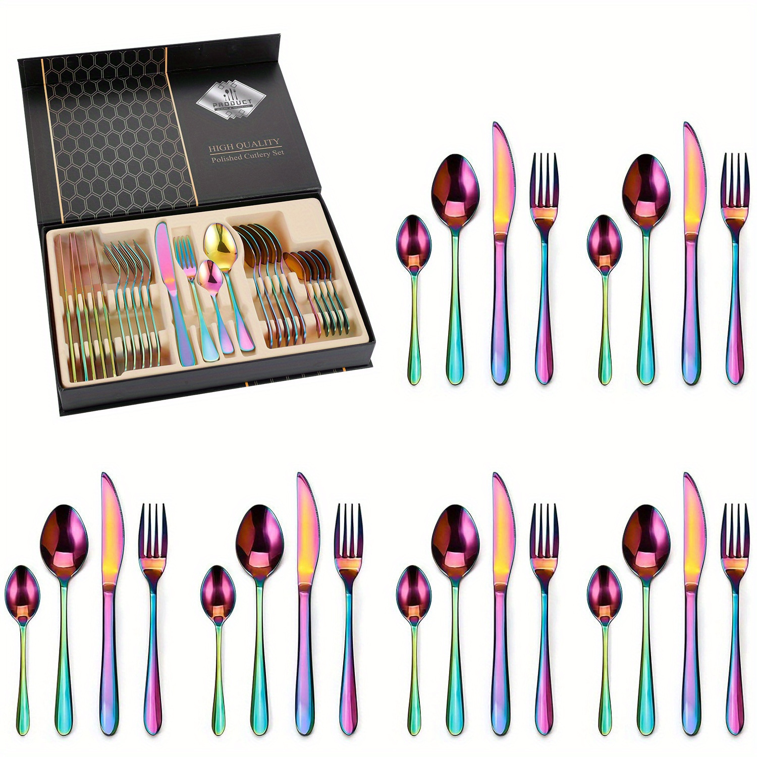 

Rainbow Silverware Set, 24 Piece Stainless Steel Flatware Set, Service For 6, Tableware Cutlery Include Knife/fork/spoon/teaspoon For Home With Gift Box