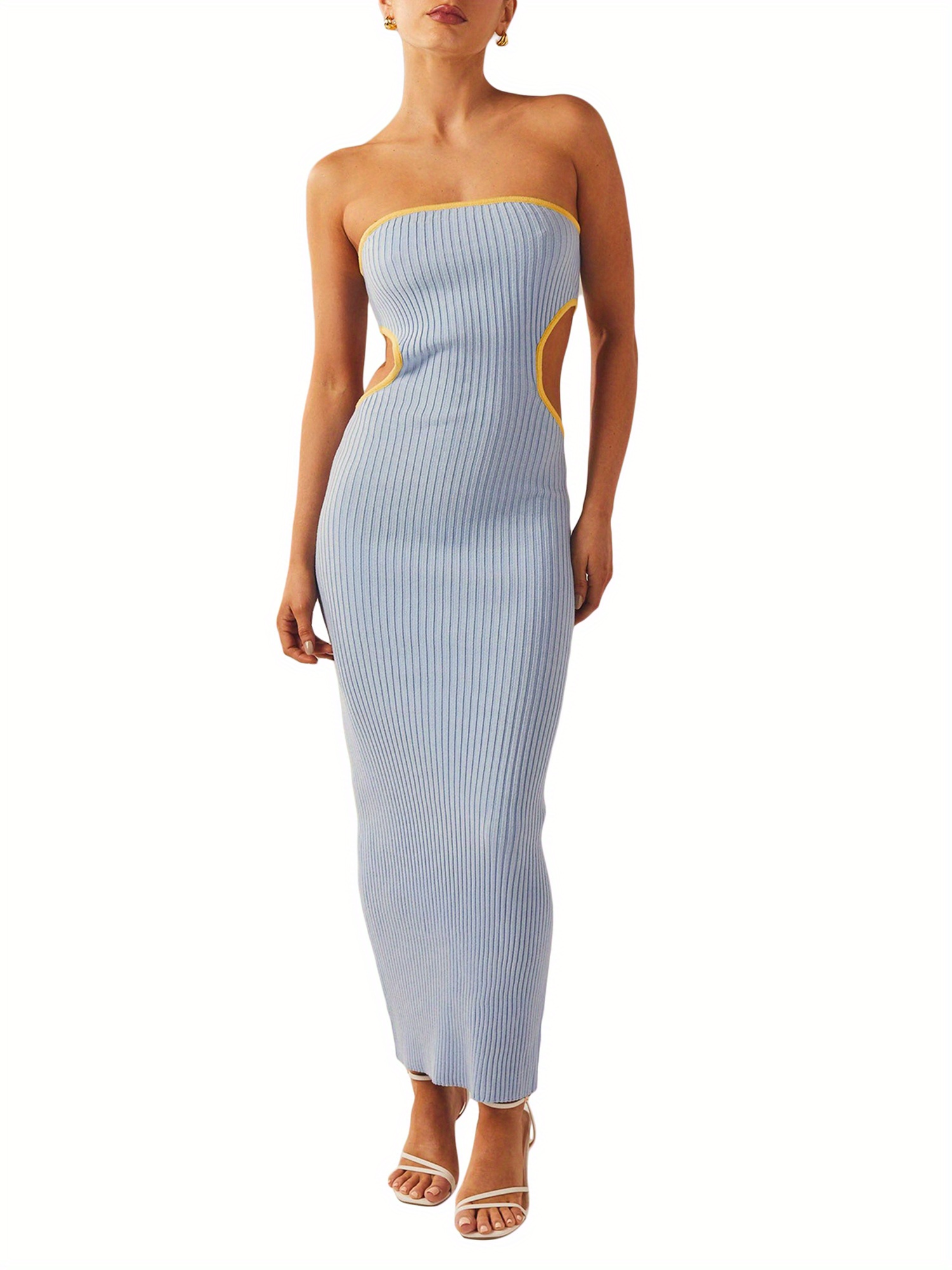 Women'S Bodycon Tube Dress, Strapless Side Cutout Contrast Color Ribbed  Long Dress