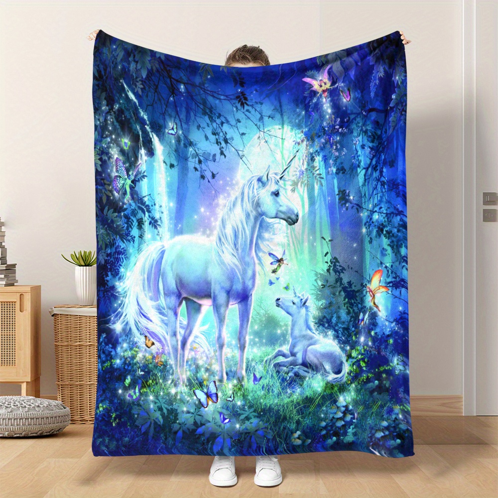 

Unicorn Blanket - Flannel Throw With White Unicorn, Elf, - , Camping, Travel, And Home Decor - Ideal Gift , Family, And