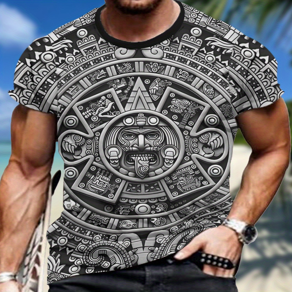 

Novelty 3d Aztec Pattern Print Men's Crew Neck Short Sleeve T-shirt, Casual Summer T-shirt For And Vacation Resorts