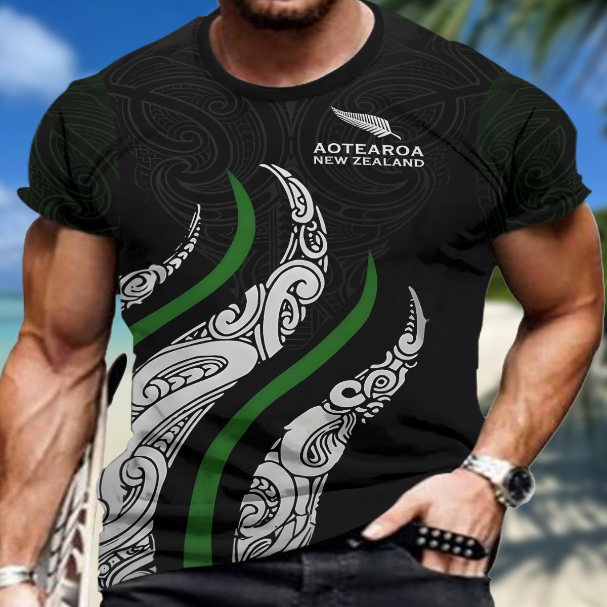 

New Zealand Themed 3d Pattern Print Men's Crew Neck Short Sleeve T-shirt, Casual Summer T-shirt For Daily Wear And Vacation Resorts