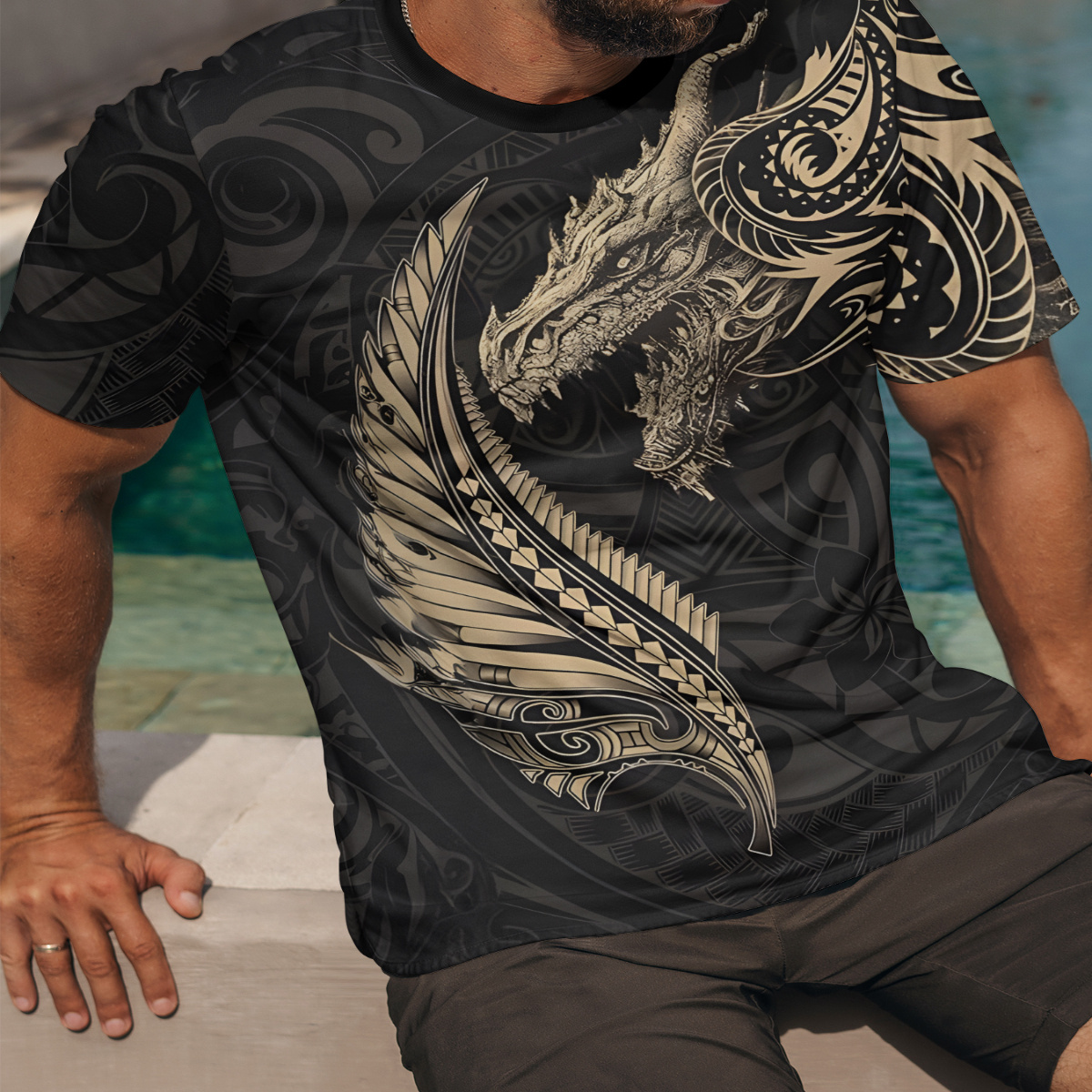 

3d Retro Dragon Pattern Print Men's Crew Neck Short Sleeve T-shirt, Casual Summer T-shirt For And Vacation Resorts