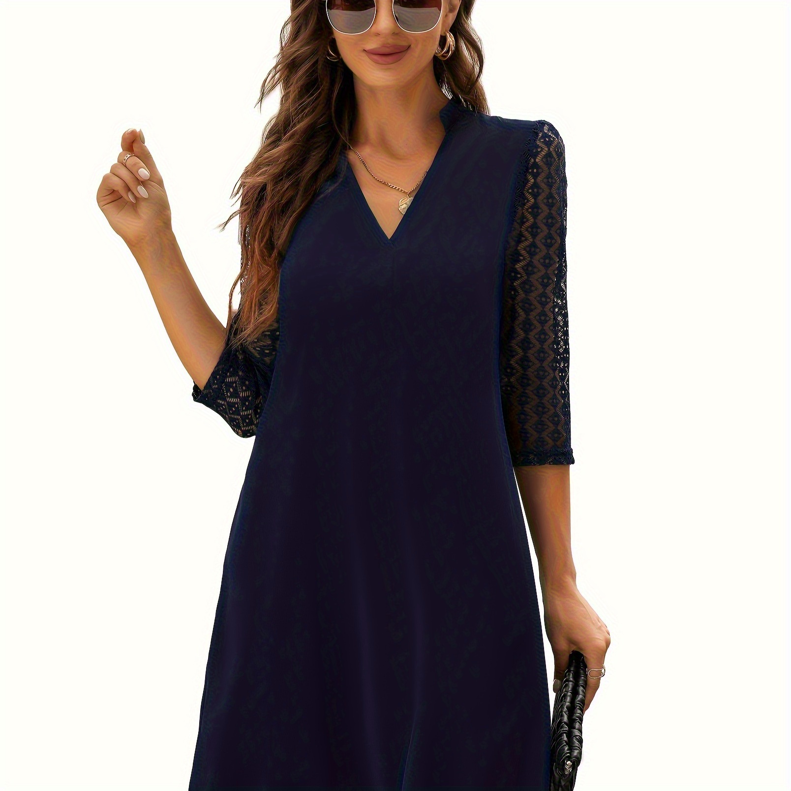 

Contrast Lace V Neck Dress, Elegant 3/4 Sleeve A Line Knee Length Dress, Women's Clothing