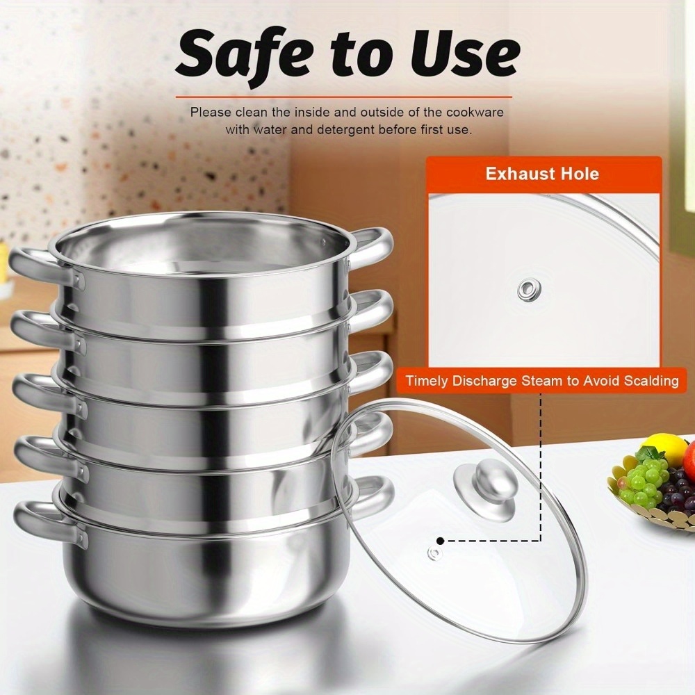 

5 Tier Stainless Steel Steamer Pot 30cm Food Steaming Pot With Glass Lid Large Capacity Suitable For Stove