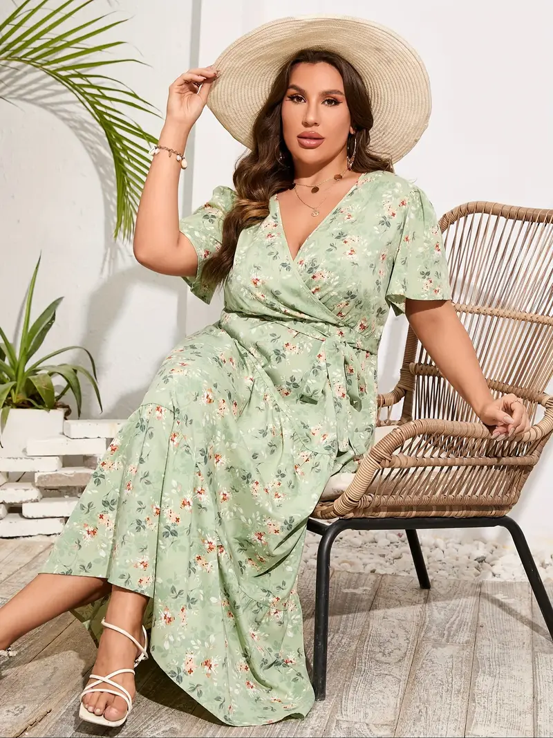 Womens Plus Size V Neck Wrap Maxi Dress High Waist Ruffle Summer Casual Dress with Belt Dark * * Womens Plus Size V Neck Wrap Maxi Dress High Waist Ruffle Summer Casual Dress with Belt Dark * *