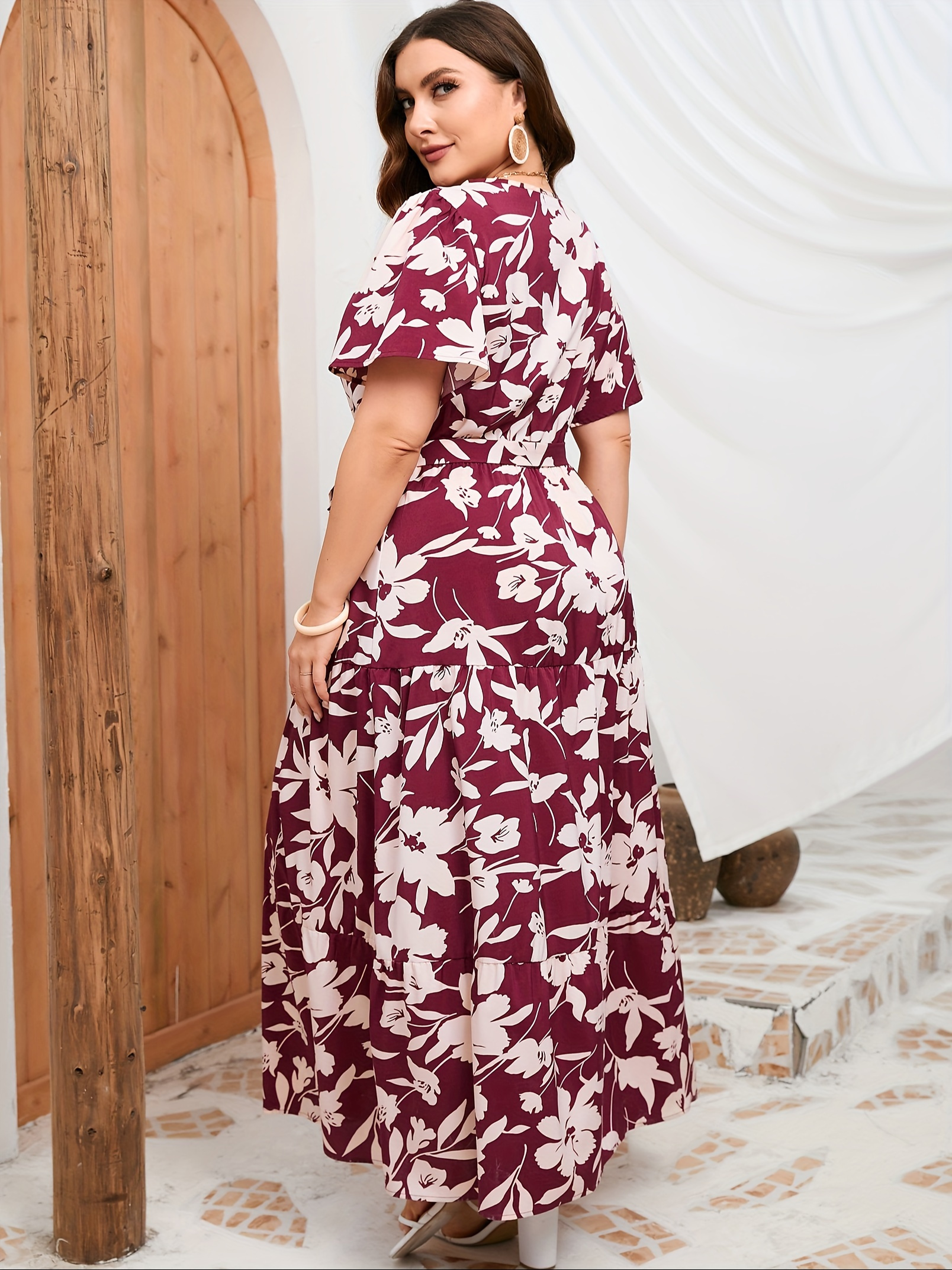 women plus size v neck wrap maxi dress short sleeves high - Temu