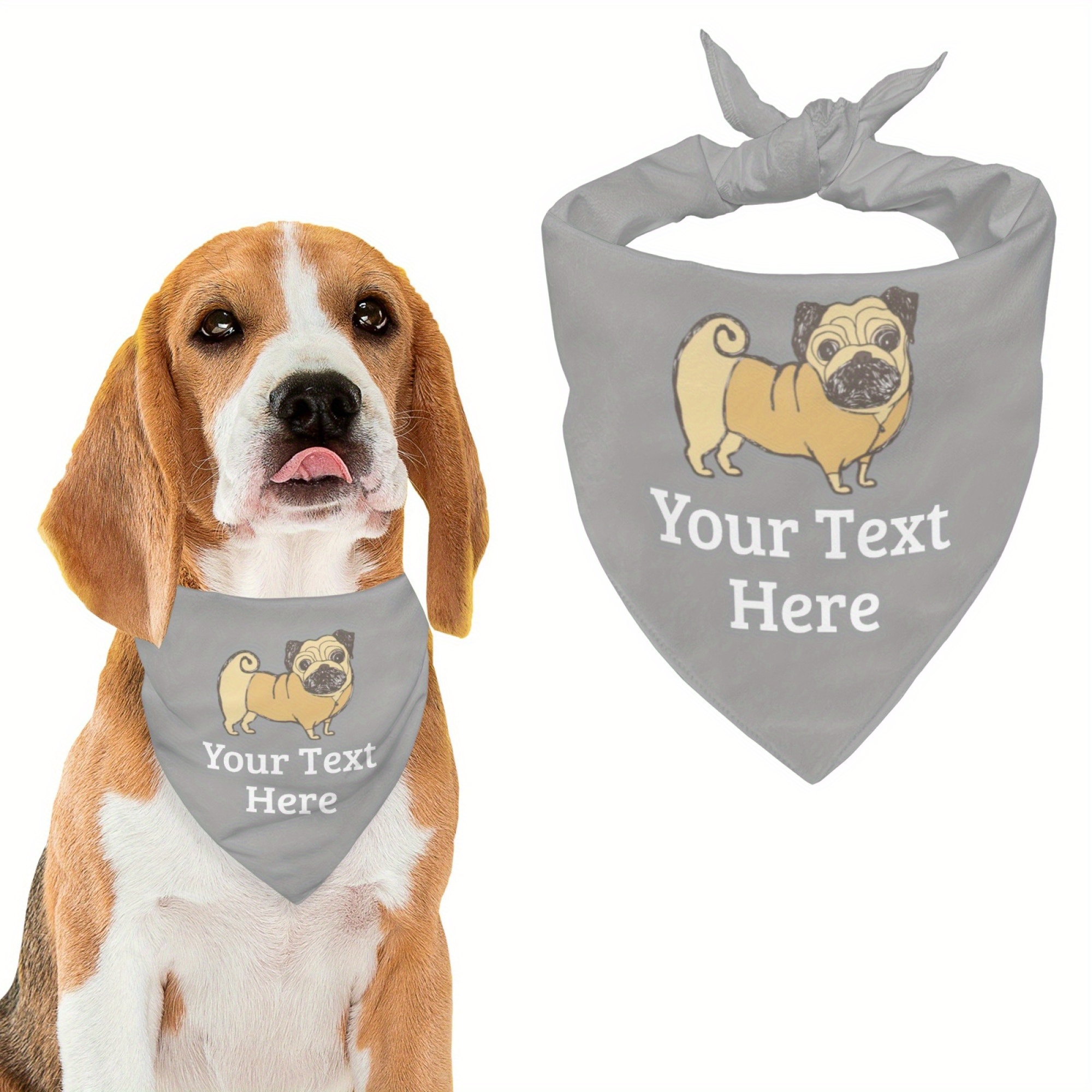 Custom Text Dog Bandana Personalized Pet Scarf With Pug Knit Fabric For