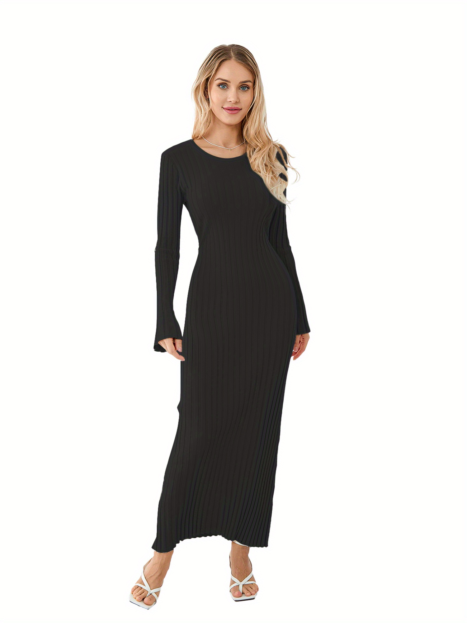 elegant ribbed knit midi dress women long sleeve crew neck - Temu