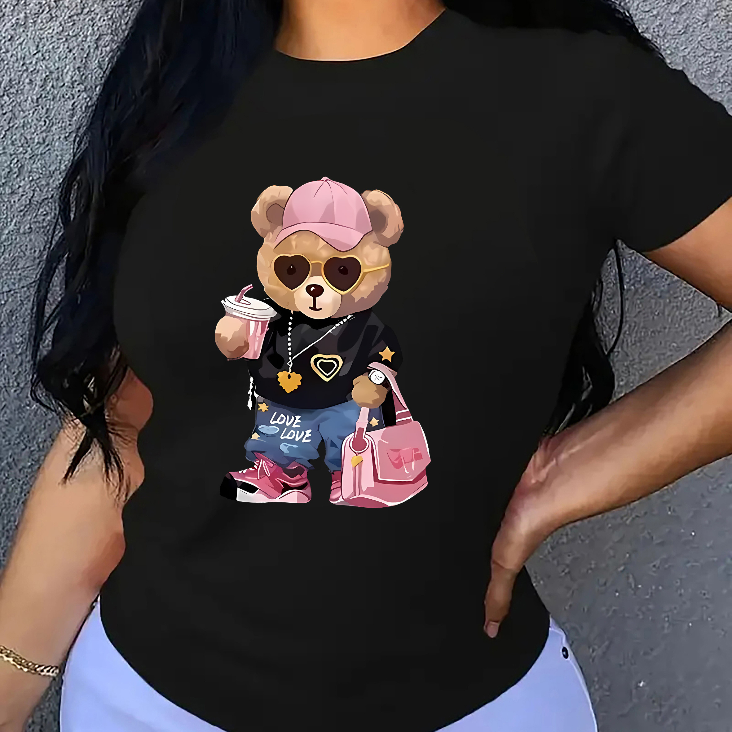 

Trendy Bear Cartoon Print T-shirt, Summer And Spring Short Sleeve Round Neck Casual Tops, Women's Clothing