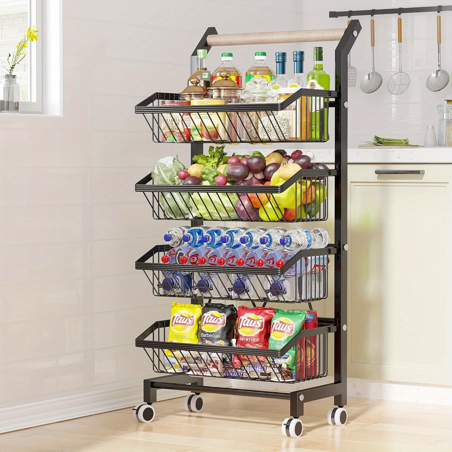 

Snack Cart With Wheels 3-4-5 Tier Adjustable Fruit Rack Fruit Vegetable Basket Cart Metal Wire Storage Cart Rolling Pantry Utility Kitchen Cart