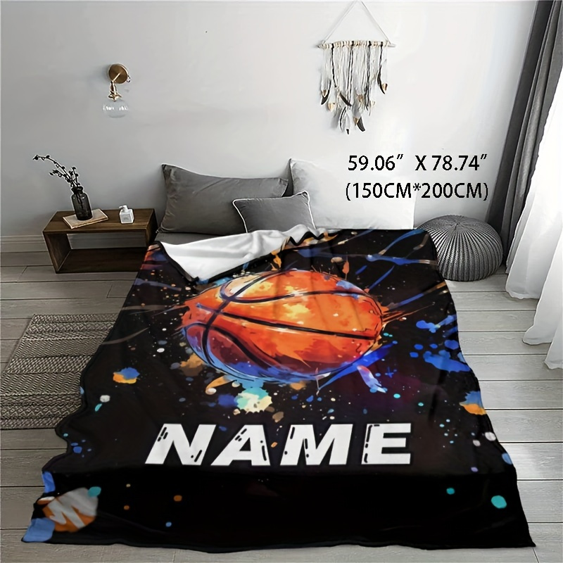 TEMU Customizable Basketball-themed Flannel Throw Blanket - Polyester Knitted Tear-resistant Multipurpose Bedding, Machine Washable For Home, Office,