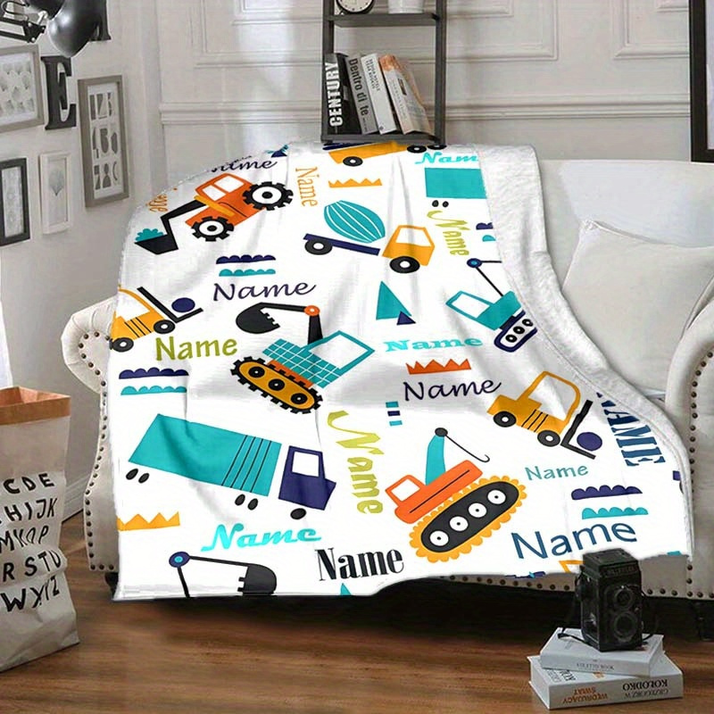 TEMU 1pc Creative Cartoon Truck Name Custom Flannel Blanket, Self-, Holiday Blanket, Gift Blanket, , Outdoor Beach Camping, Outdoor Blanket, Living