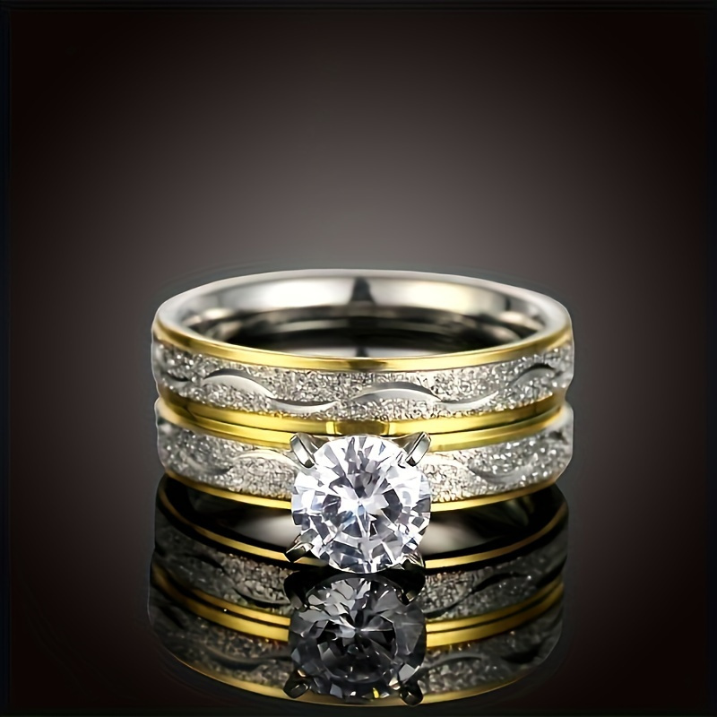TEMU A Romantic, Couple-matching Ring Set-she And His Eternal Ensemble-18k Gold-plated Stainless Steel Wedding Band-hypoallergenic, Design- Valentine's Day, Engagement, Or Anniversary Gifts