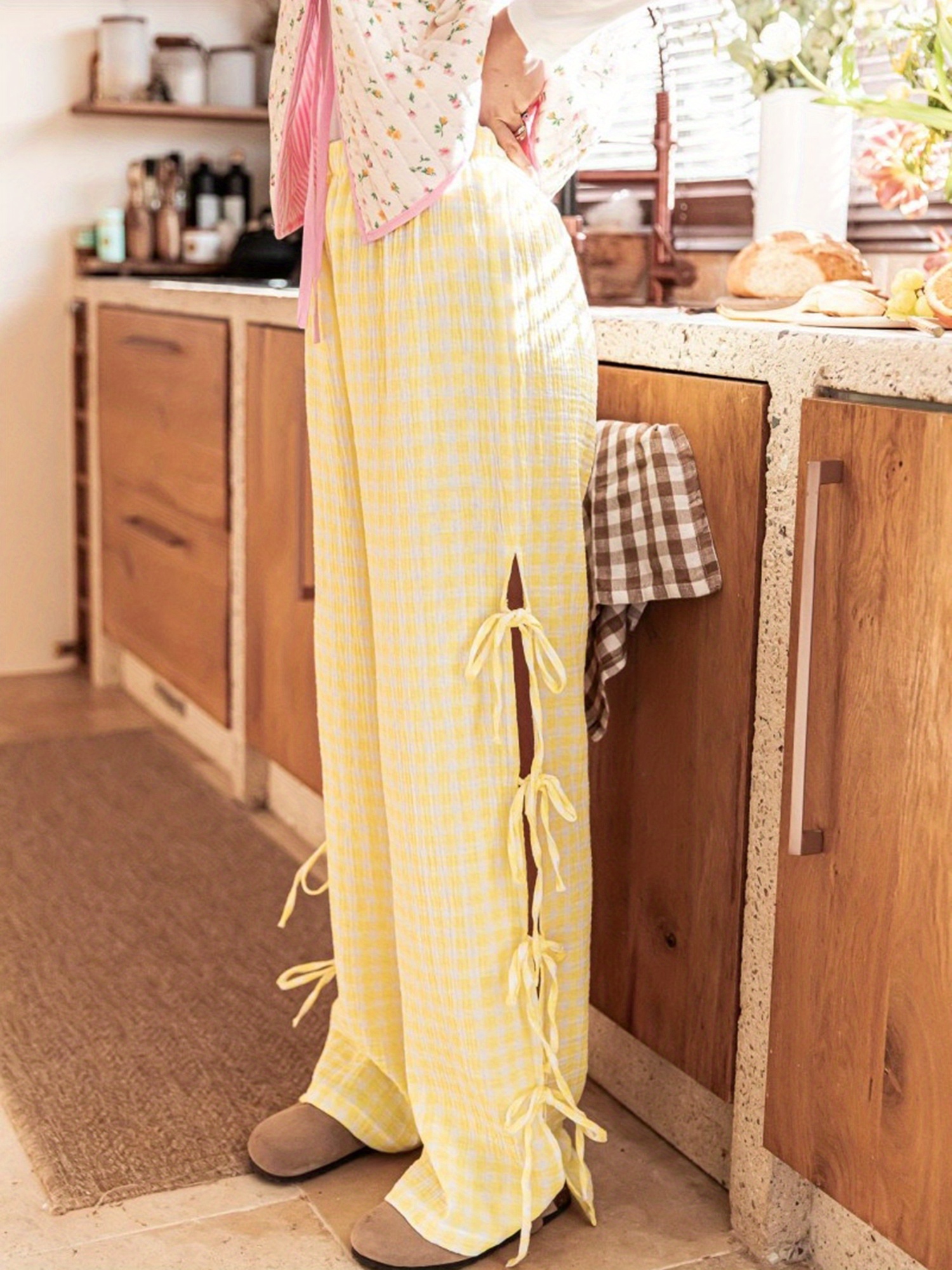 pantalones salón cuadros y2k mujer pierna ancha lateral Temu