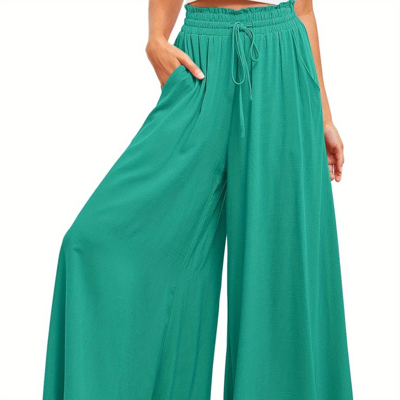 

Women's Casual Sports Wide Leg Pants With Edges, Elastic Drawstring Beach Loose Pants, Comfortable Pants With Pockets