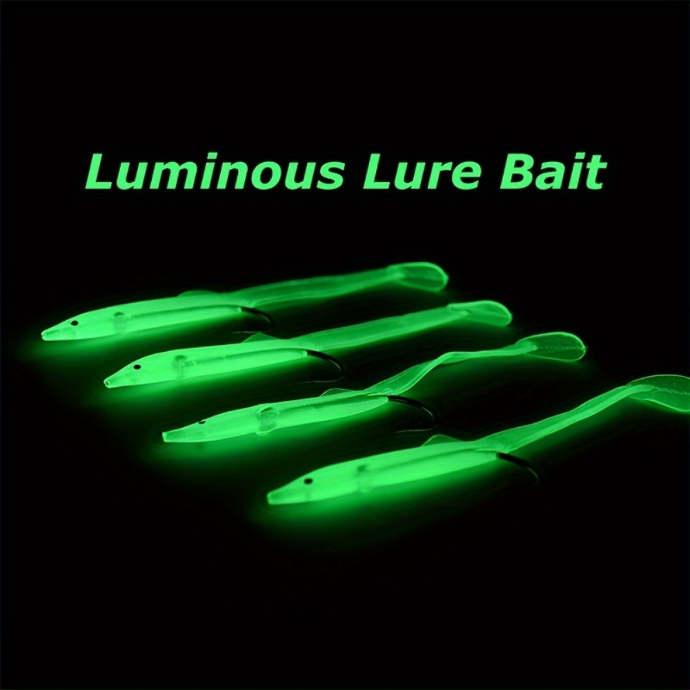 TEMU Set Of 4 Jig Heads With Luminescent Soft Bait, T-tail Wobbler Lures For Perch, Fishing Gear Accessories For Fresh And Saltwater, Glow In The Dark