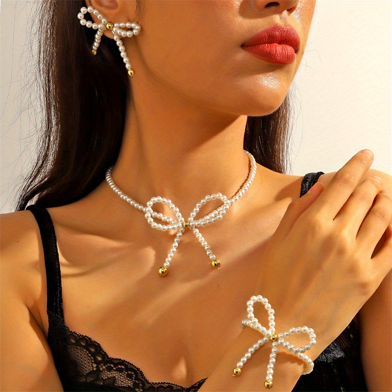 

4pcs/set High-end French Bow Imitation Pearl Earrings, Bracelet And Necklace Set, Women's Jewelry Set, Can Be Worn Daily At Parties And Banquets