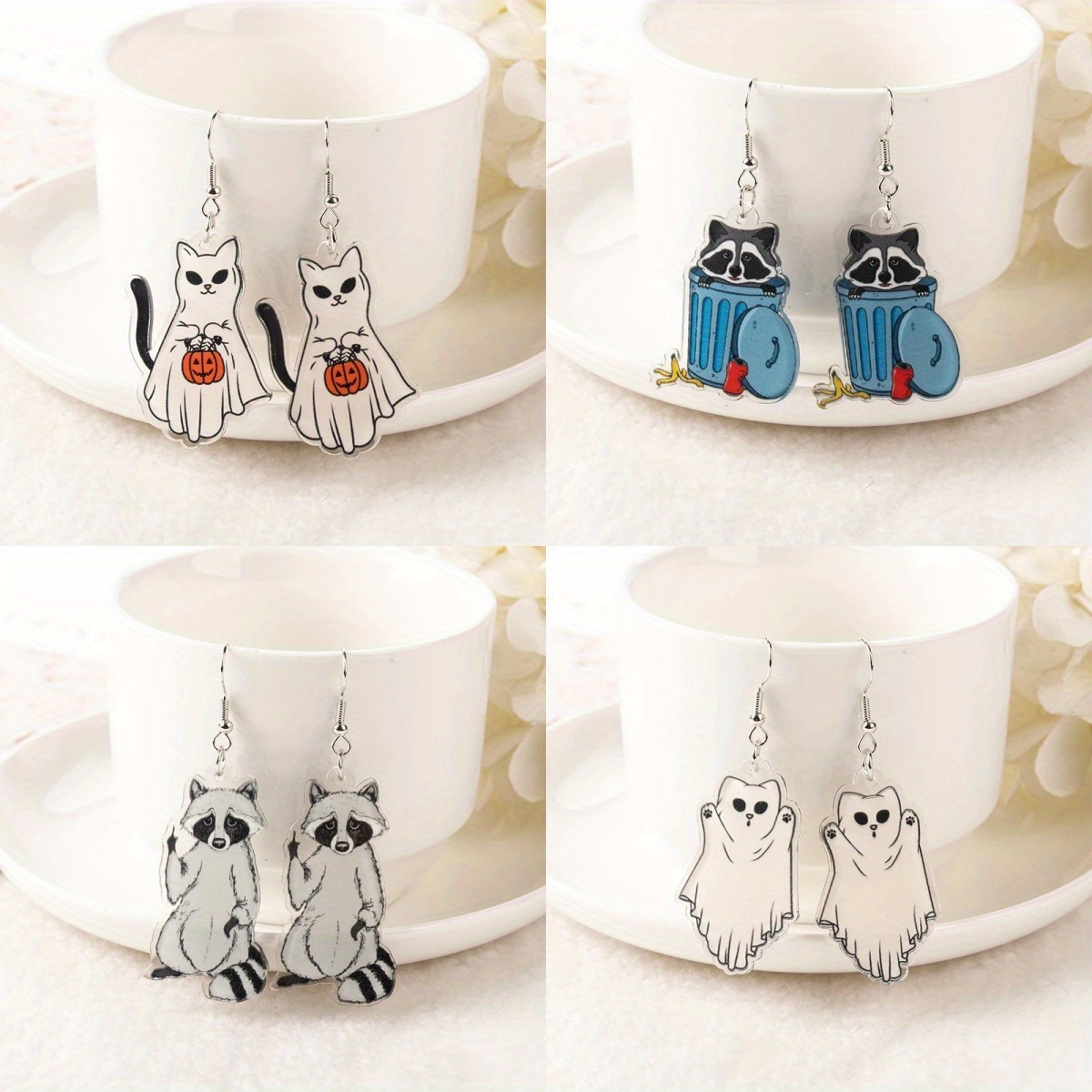 

4 Pairs Halloween Simple Fashion Cute Raccoon Cat Ghost Pumpkin Earrings, Acrylic Dangle Hook Earrings, Cartoon Earrings, Creative Earrings For Girls