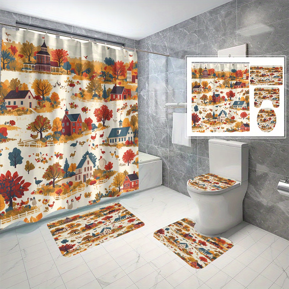 

Autumn Village Turkey Print Polyester Shower Curtain Set With C-type Hooks, Machine Washable, Cartoon Water-resistant Twill Weave, Woven Bathroom Decor With Optional Bath Mat, Toilet Cover, Rug