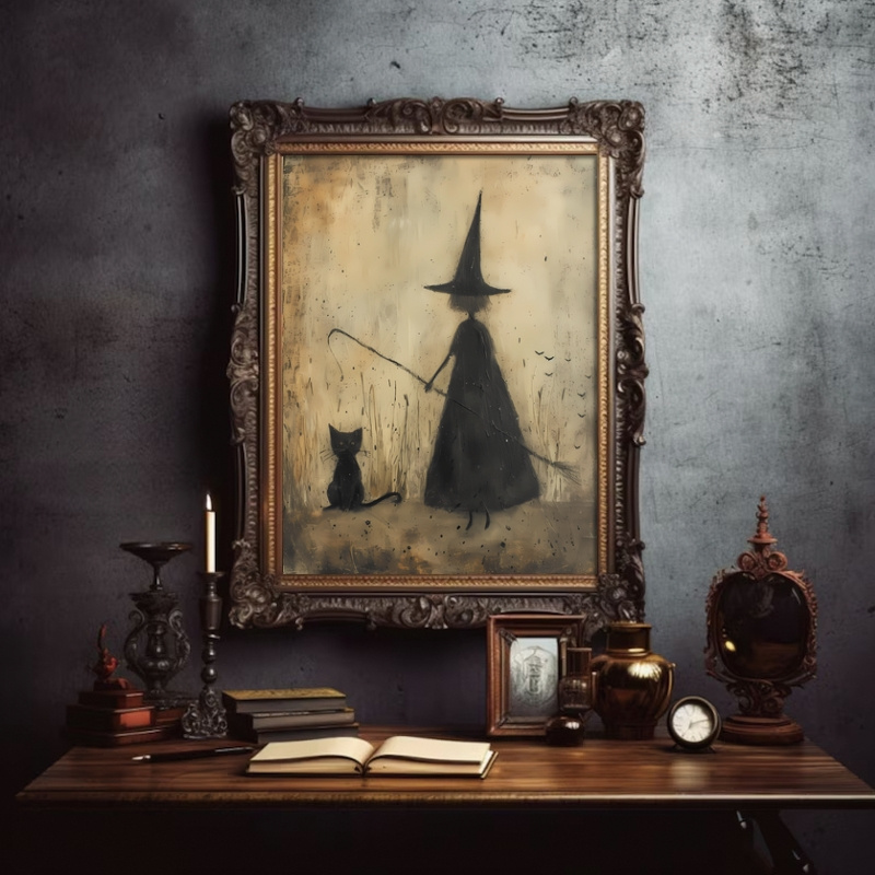 

Halloween Gothic Party Wall Decor - Horror Bat Witch Black Cat Canvas Painting, Thick Roll Pieceaging, Unframed Home Art For Living Room Bedroom Bathroom, 30×40cm - 1pc