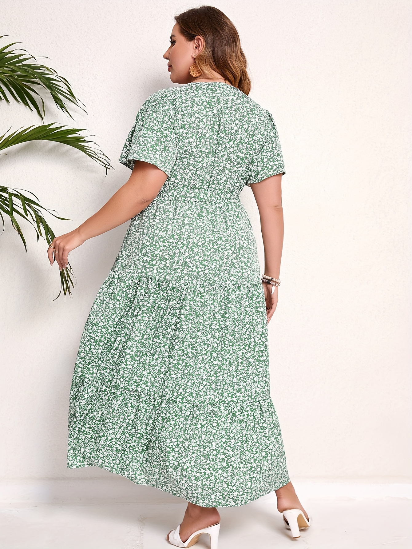 plus size floral print belted dress elegant v neck short - Temu