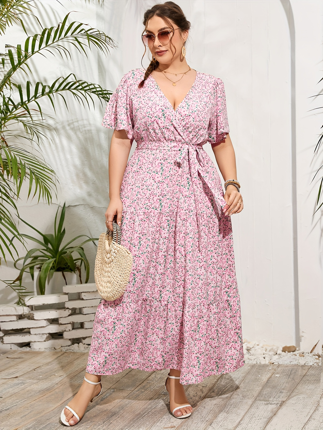 Plus Size Floral Print Belted Dress plus size floral print belted dress elegant v neck short - Temu