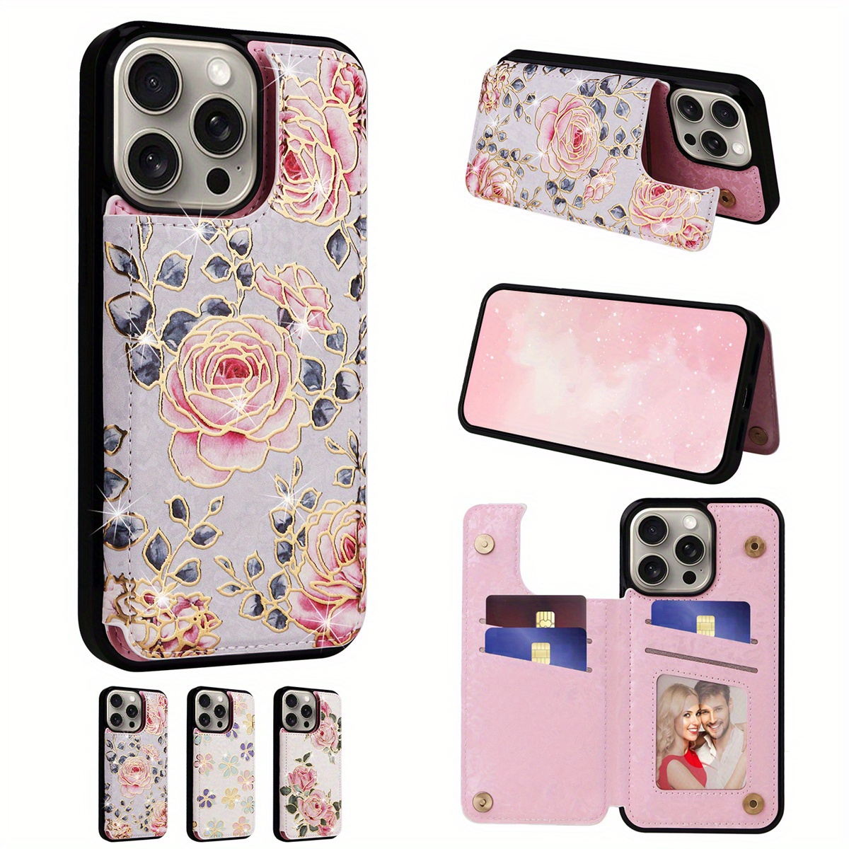 Wallet Case For IPhone 15/14/13/12/11 Pro Max With Card Holders, Faux Leather Cover Kickstand RFID Blocking Double Magnetic Clasp Rilievo Flower Shockproof Flip Case For Women Girls