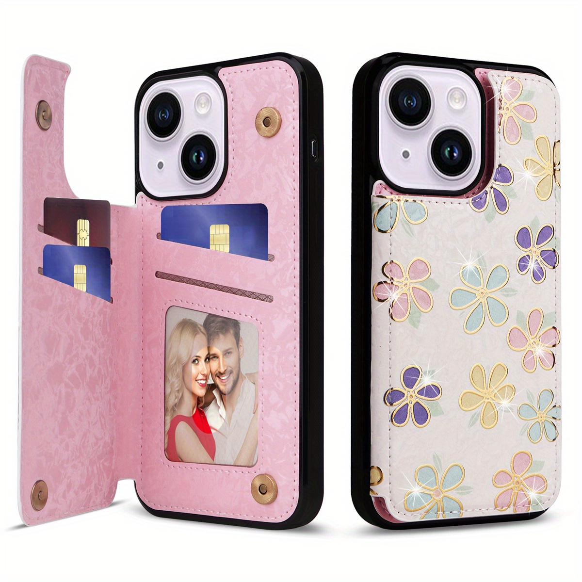 Wallet Case For IPhone 15/14/13/12/11 Pro Max With Card Holders, Faux Leather Cover Kickstand RFID Blocking Double Magnetic Clasp Rilievo Flower Shockproof Flip Case For Women Girls - Image 54