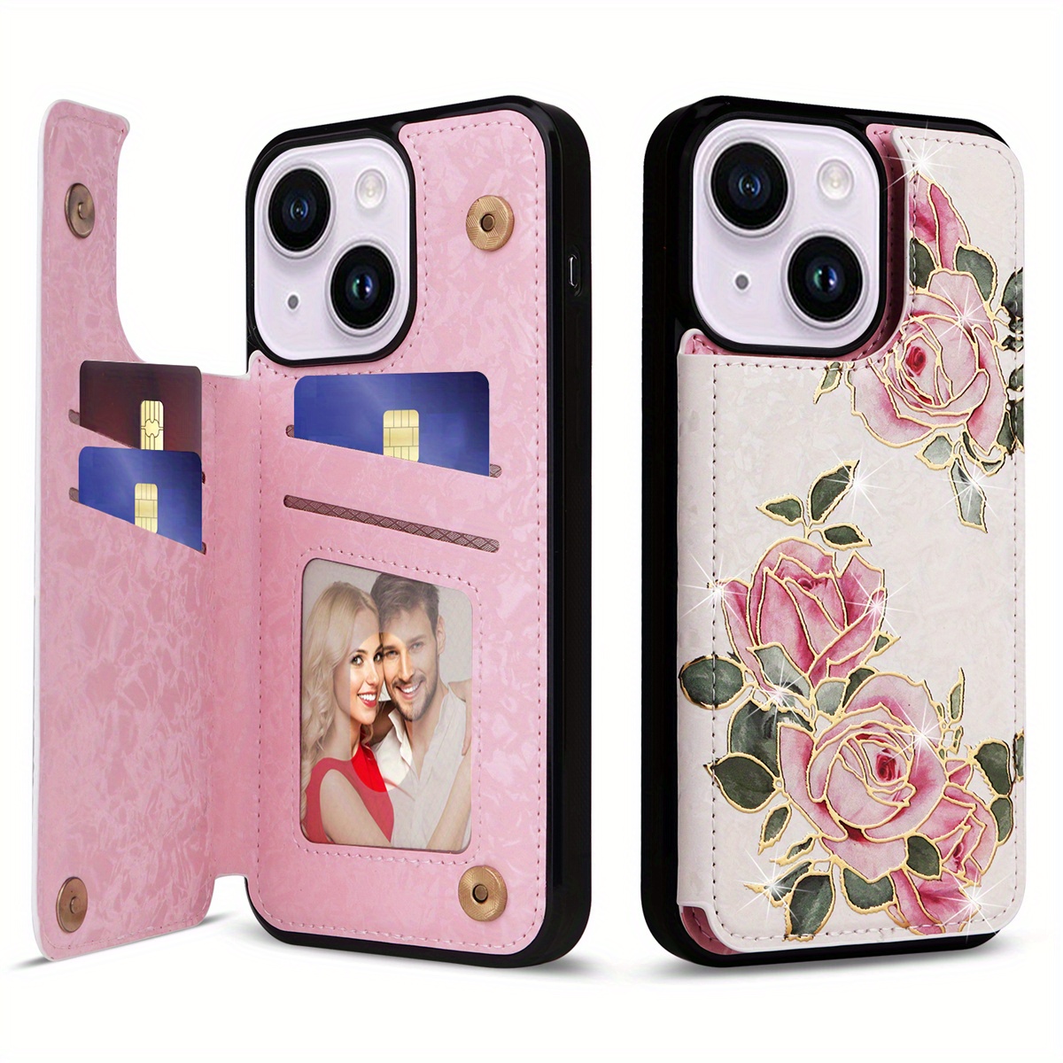 Wallet Case For IPhone 15/14/13/12/11 Pro Max With Card Holders, Faux Leather Cover Kickstand RFID Blocking Double Magnetic Clasp Rilievo Flower Shockproof Flip Case For Women Girls - Image 55